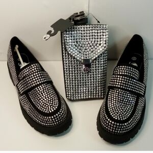 Women's Rhinestone Loafers with matching belt bag.
